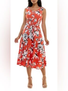 Nina Leonard Coral Floral Tie-Waist Midi Dress